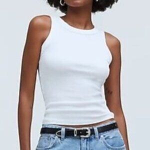 Madewell Sz L White Brightside Ribbed Cutaway Tank Top Slim MD070